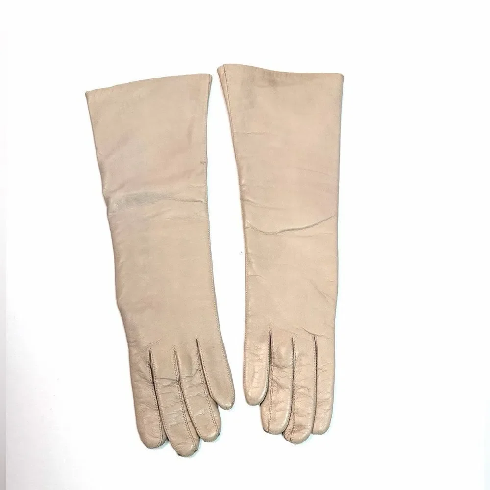Bloomingdale's Long Leather Gloves Wool Lining Hazelnut Beige Vintage France 6,5